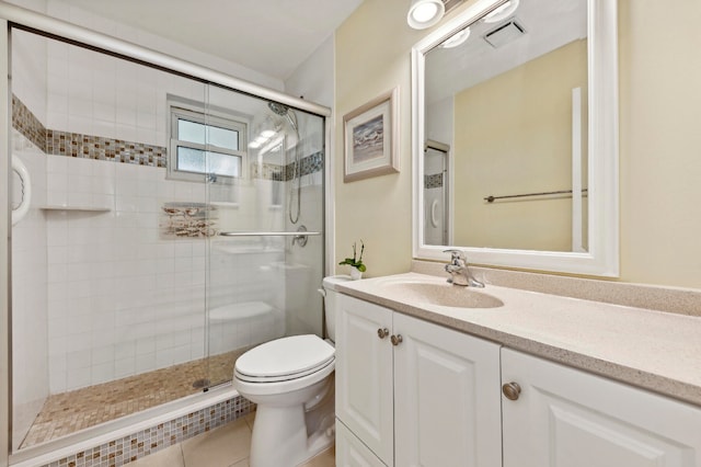 bathroom with tile patterned floors, vanity, toilet, and walk in shower