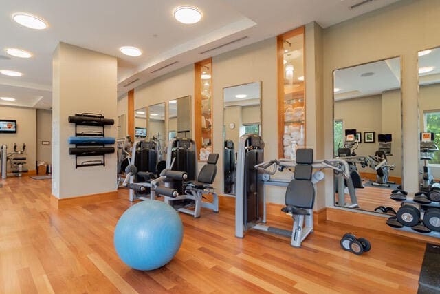 workout area featuring hardwood / wood-style flooring