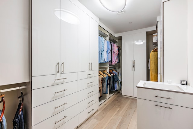 walk in closet with sink and light hardwood / wood-style floors