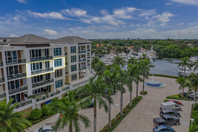 view of building exterior with a water view