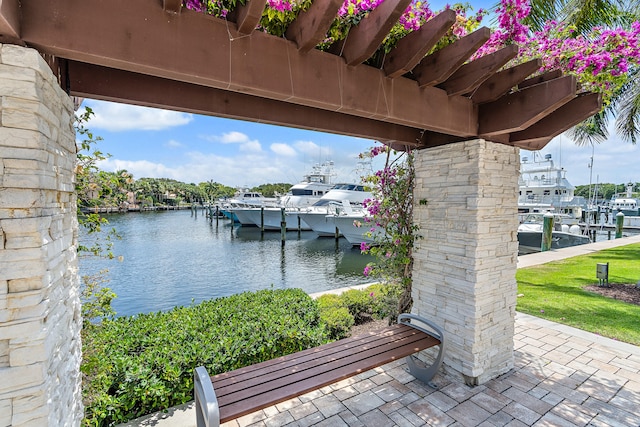 view of patio featuring a water view and a dock