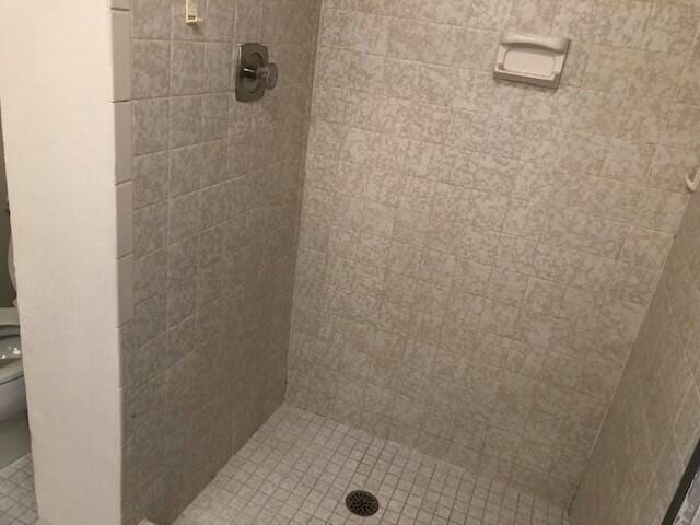 bathroom with tiled shower and toilet