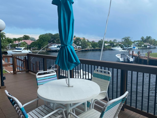 wooden deck featuring a water view