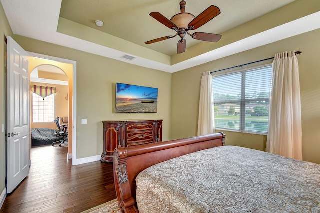 bedroom featuring multiple windows, a raised ceiling, and ceiling fan