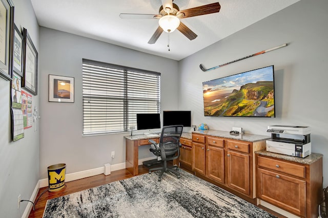 home office with ceiling fan and dark wood-type flooring