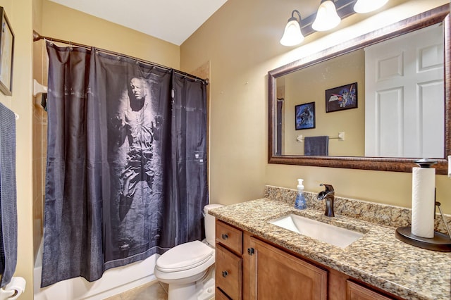 full bathroom featuring tile patterned floors, vanity, shower / tub combo, and toilet