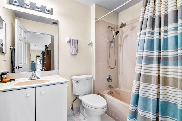 15321 Lake Wildflower Rd, Delray Beach, FL 33484 - bathroom featuring toilet, vanity, shower / tub combo with curtain, tile patterned floors, and baseboards
