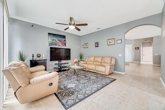 living room with ceiling fan