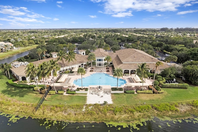 drone / aerial view with a water view