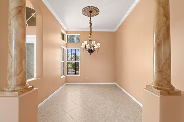 tiled empty room with an inviting chandelier, ornamental molding, and ornate columns