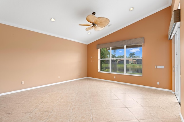 tiled empty room featuring ceiling fan, lofted ceiling, and ornamental molding