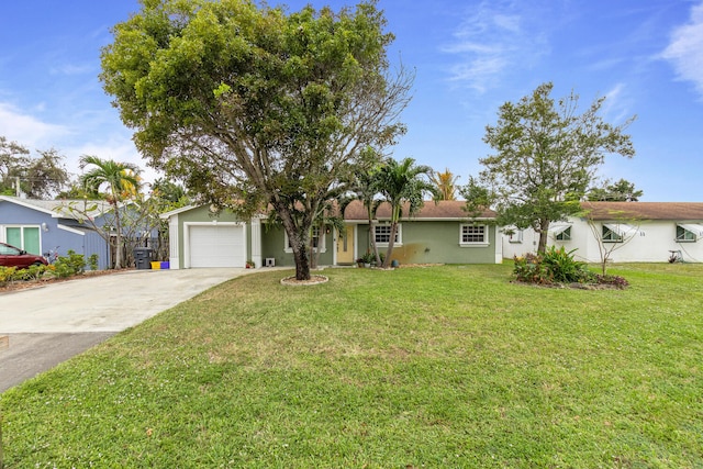 single story home with a garage and a front lawn