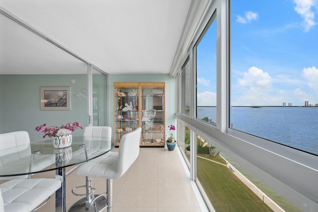 sunroom with a water view