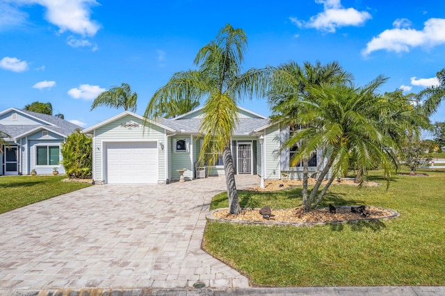 single story home with a front yard and a garage