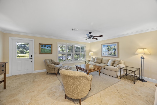 living room featuring ceiling fan, light tile patterned flooring, and crown molding