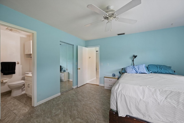 bedroom featuring a closet, ensuite bathroom, and ceiling fan