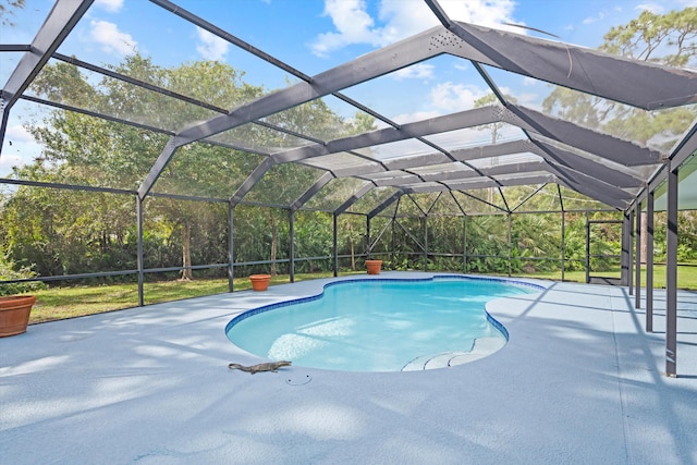 view of pool with a lanai and a patio