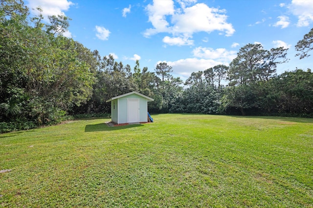 view of yard featuring a storage unit