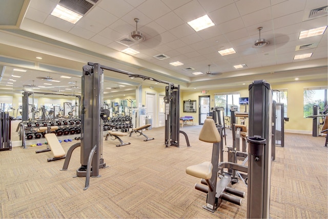 exercise room featuring a paneled ceiling, light colored carpet, ceiling fan, and a healthy amount of sunlight