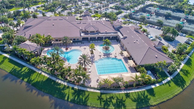 bird's eye view with a water view