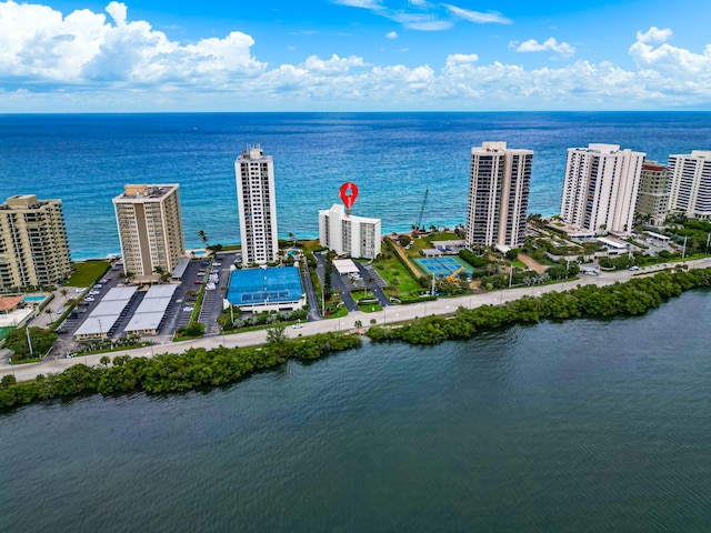 birds eye view of property with a water view