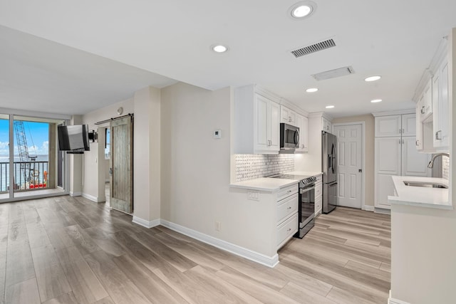 kitchen featuring white cabinetry, a barn door, sink, and appliances with stainless steel finishes