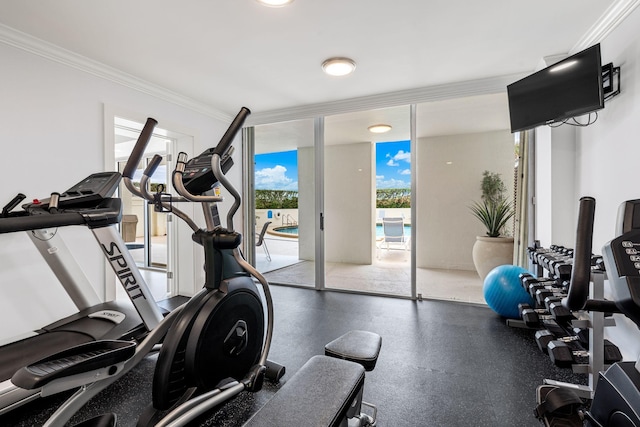 workout area with floor to ceiling windows and ornamental molding