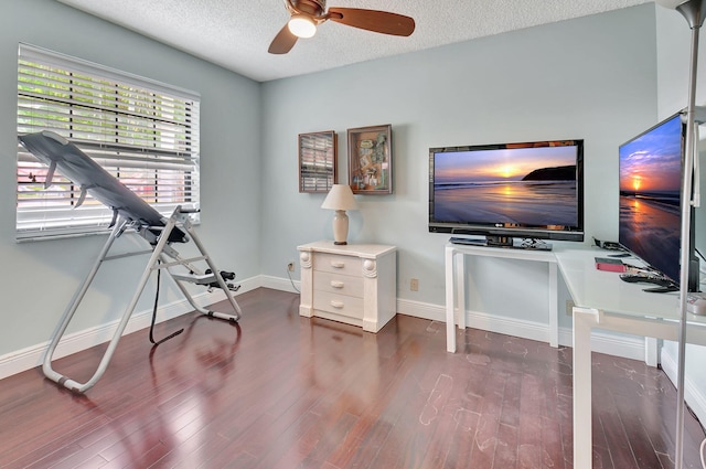 office featuring ceiling fan, dark hardwood / wood-style flooring, and a textured ceiling