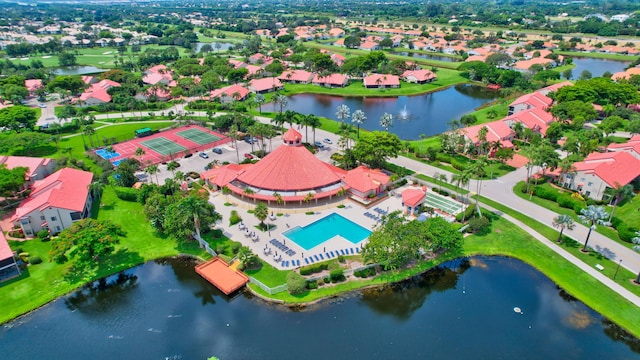 drone / aerial view featuring a water view