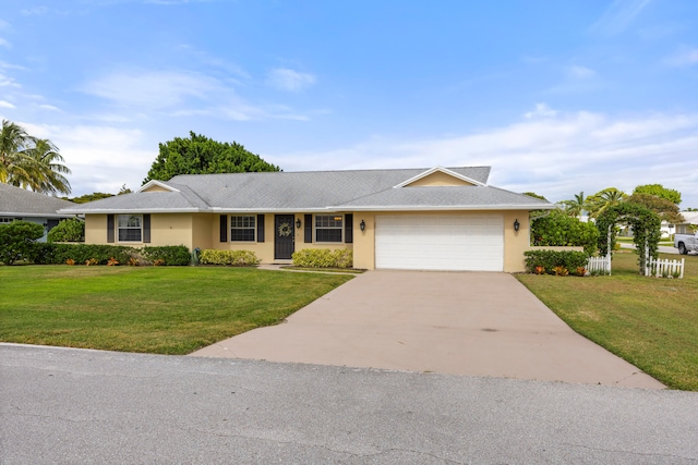 ranch-style house featuring a front yard and a garage