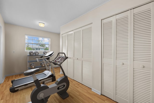 workout room with light hardwood / wood-style flooring