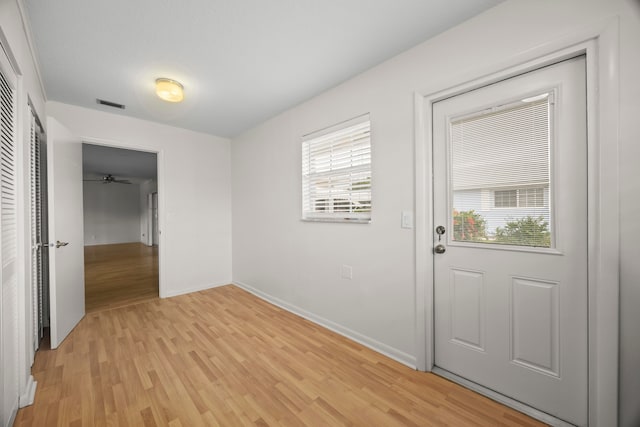 entryway with a wealth of natural light and light hardwood / wood-style flooring