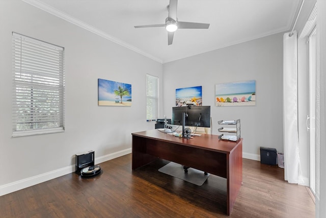 office featuring ceiling fan, ornamental molding, and hardwood / wood-style flooring