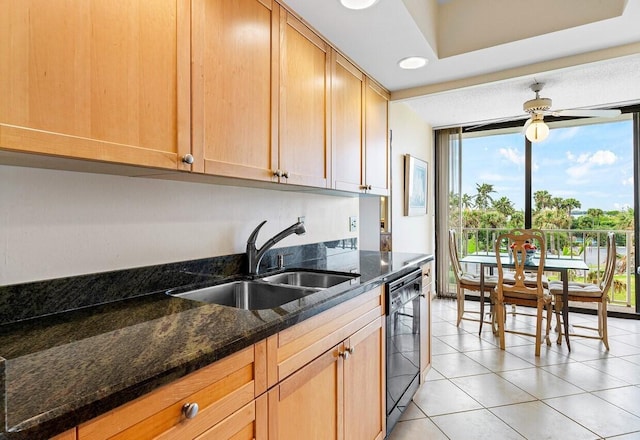 3400 S Ocean Blvd Unit 2Aii, Palm Beach, FL 33480 - kitchen featuring a sink, floor to ceiling windows, light tile patterned floors, dishwasher, and dark stone countertops
