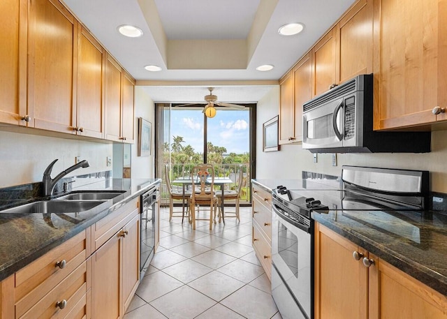 kitchen featuring appliances with stainless steel finishes, a tray ceiling, dark stone counters, and sink