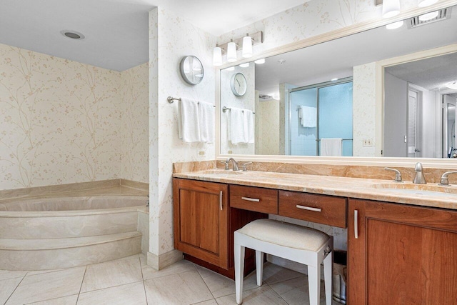 3400 S Ocean Blvd Unit 2Aii, Palm Beach, FL 33480 - bathroom featuring wallpapered walls, double vanity, a bath, a stall shower, and tile patterned floors