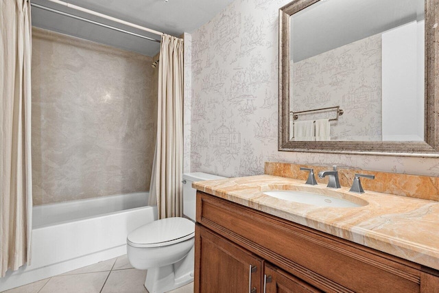 full bathroom with tile patterned floors, vanity, shower / bath combo, and toilet