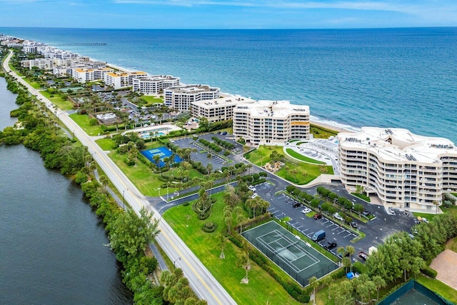 aerial view featuring a water view