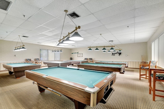 game room with billiards, a healthy amount of sunlight, carpet, and a drop ceiling