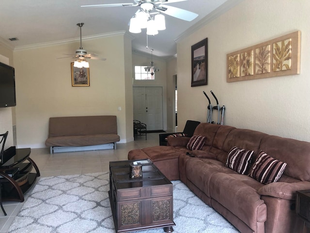 tiled living room with lofted ceiling, ceiling fan, and ornamental molding