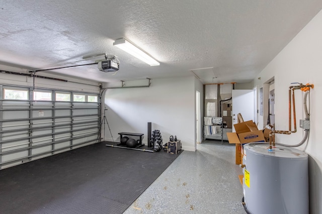 garage featuring a garage door opener and water heater