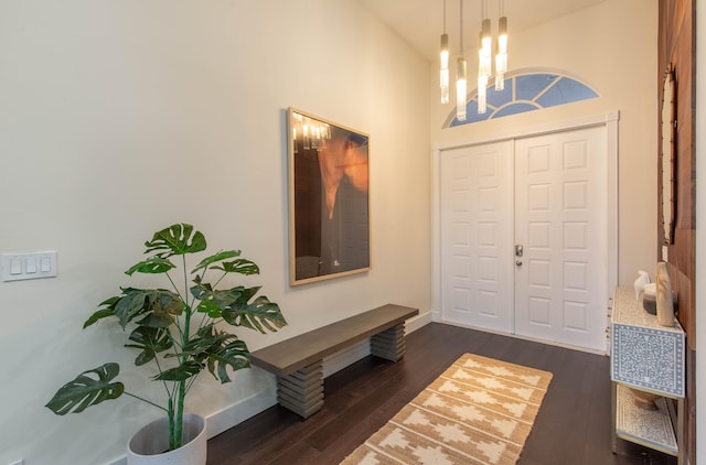 foyer entrance with dark hardwood / wood-style floors and high vaulted ceiling