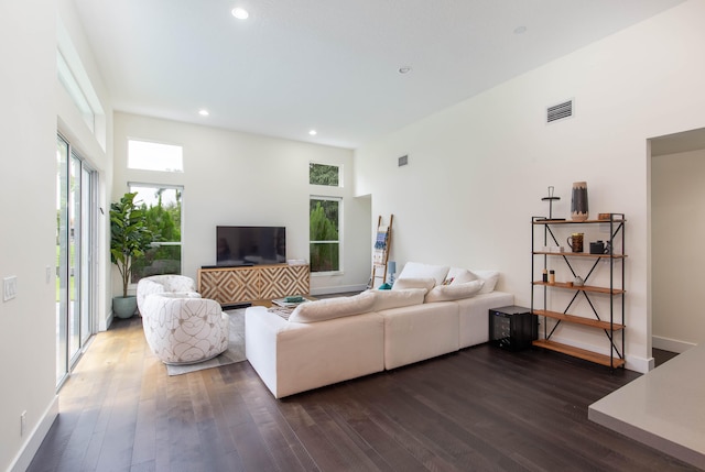 living room featuring dark hardwood / wood-style flooring and a towering ceiling