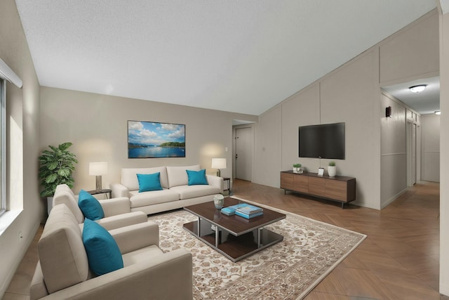 tiled living room featuring a textured ceiling and vaulted ceiling