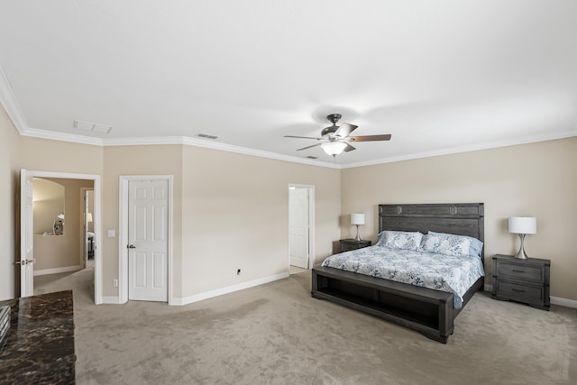 bedroom with ceiling fan, light colored carpet, and ornamental molding