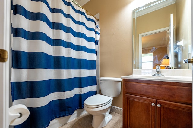 bathroom with a shower with shower curtain, ornamental molding, vanity, tile patterned flooring, and toilet