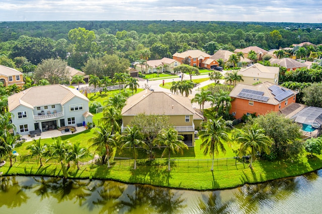 bird's eye view with a water view