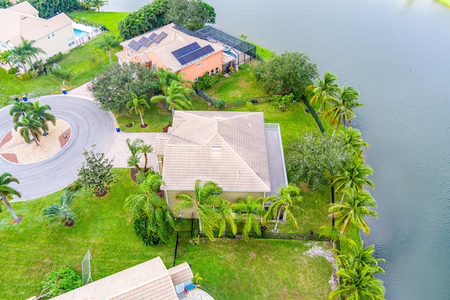 drone / aerial view featuring a water view