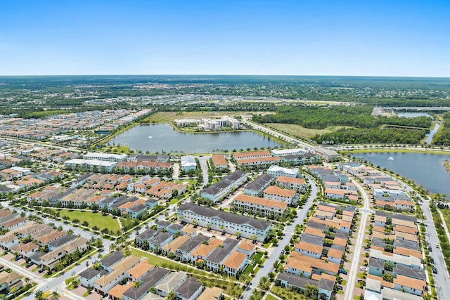 drone / aerial view featuring a water view