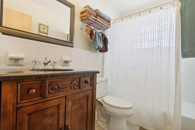 full bathroom with shower / bath combo, tasteful backsplash, vanity, tile walls, and toilet